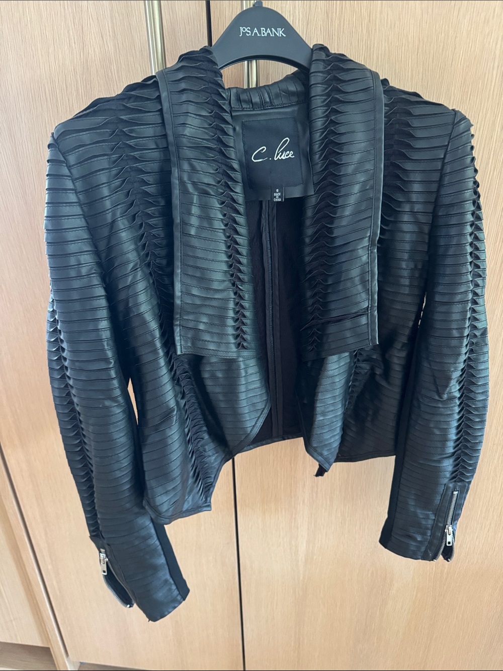 C. Luce Black Ribbed Zip-Front Leather Jacket